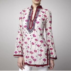 Tory Burch Poppy Floral Pink and Cream Women's Tunic Top, 10